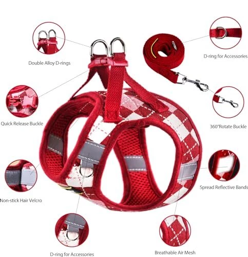 Dog Harness & Leashet Adjustable formall Medium Puppies, No S Checkered-Red