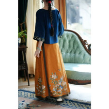 Orange Flower Printed Hanfu Horse Face Skirt Blue Top Ancient Chinese Costumes