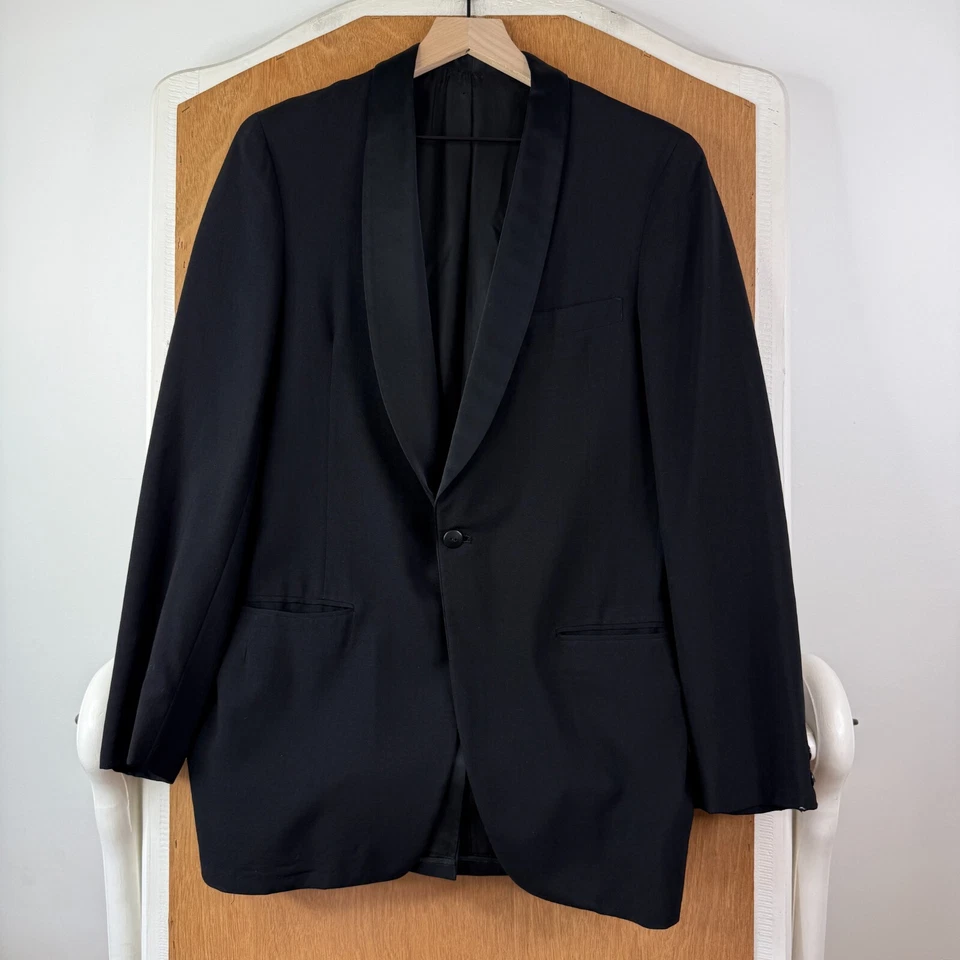 Esmoquin After Six para hombre 38R chal negro solapa 1 botón 100 % lana 34x26 plisado años 50 Foto 2 de 4