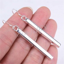 Ladies Genuine 925 Sterling Silver Shiny 55mm/2.1" Long Bar Dangle Earrings F100