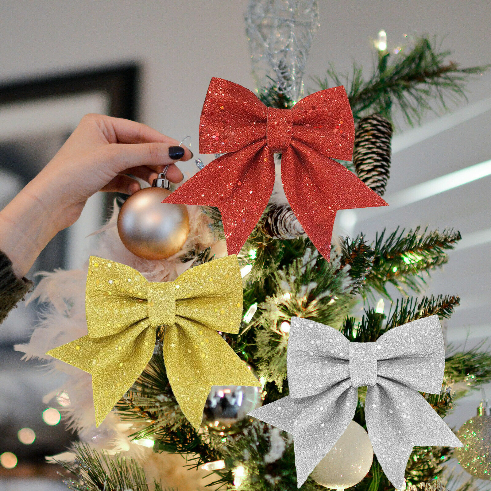 10Pcs Large Bows Christmas Tree Bowknot Ornaments Gift Party Xmas