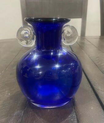 West Virginia Glass Specialty Vase Cobalt Blue Applied Clear Handles Vtg