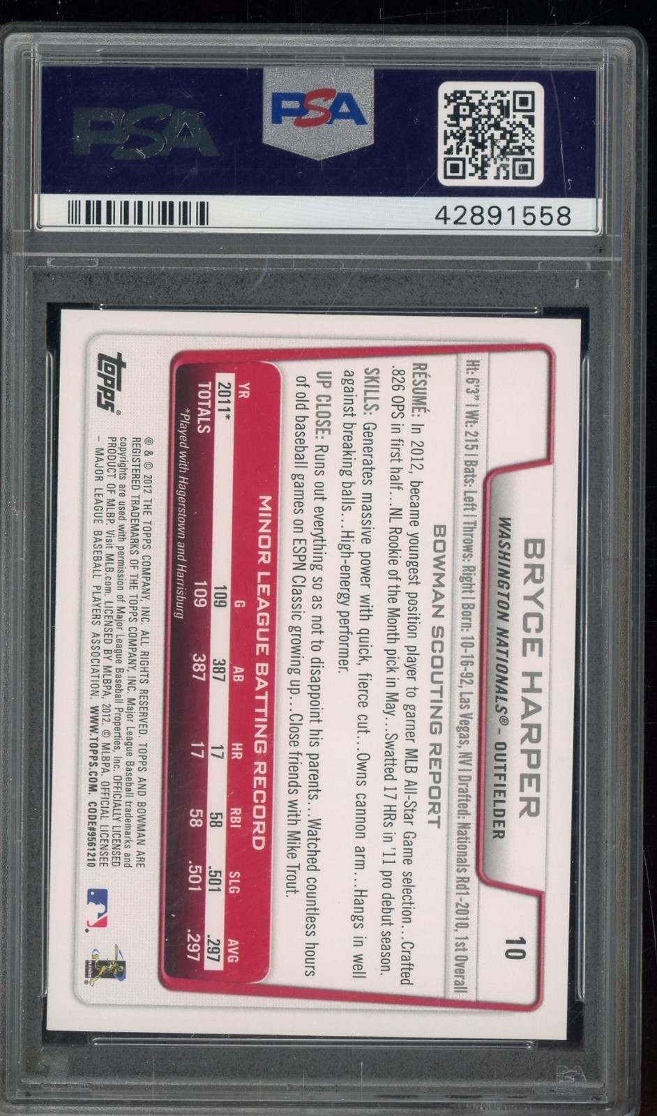 2012 Bowman Draft #10 Bryce Harper Nationals RC Rookie PSA 10 GEM MINT view 2