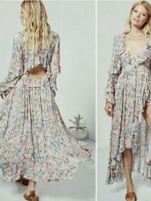  Spell and the Gypsy  Sayulita Frill Gown Musk Ruffle Floral Pink Small Boho 