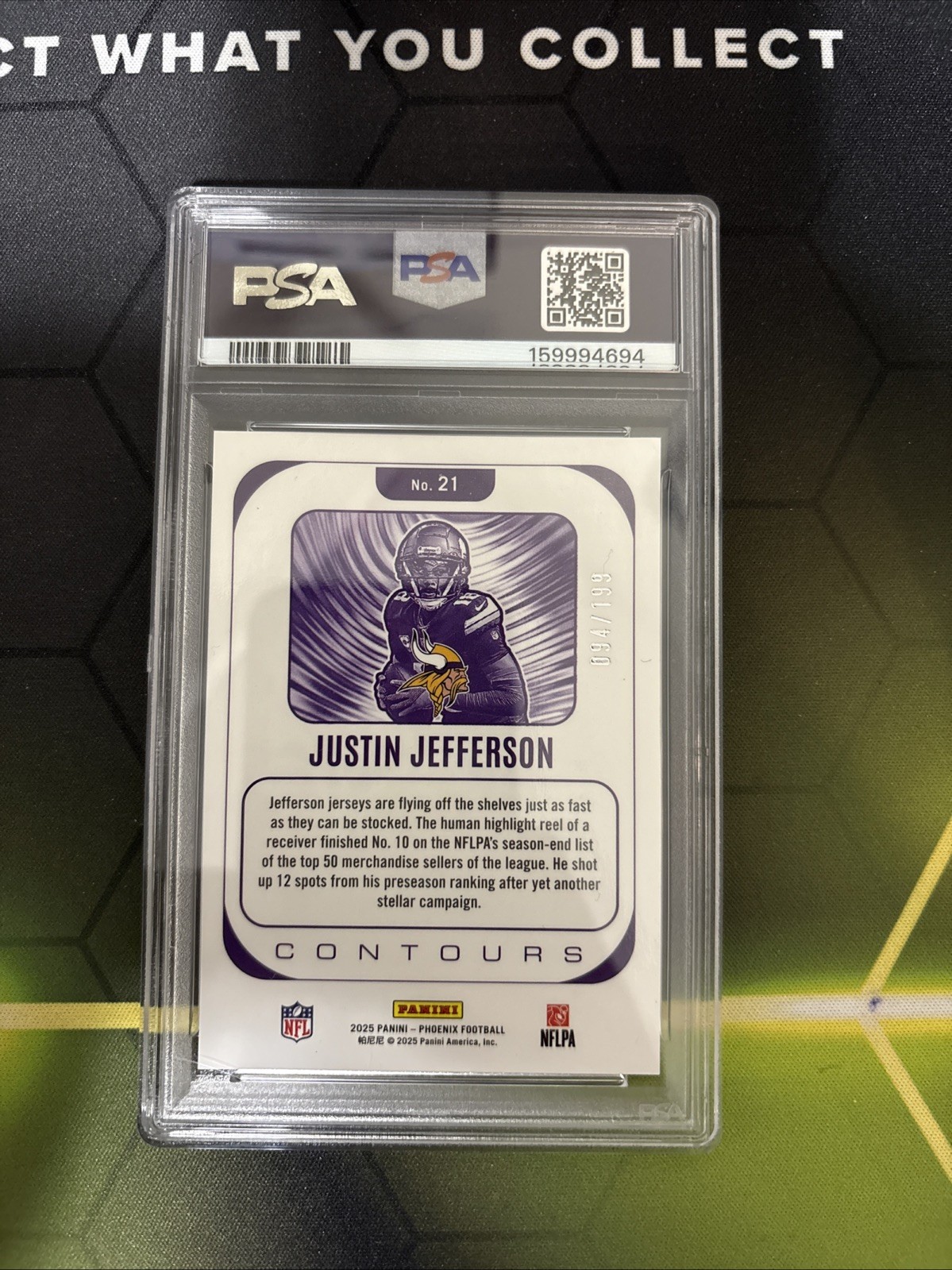 2025 Panini Phoenix Justin Jefferson Contours Silver Lava #/199 Vikings PSA 10 view 2