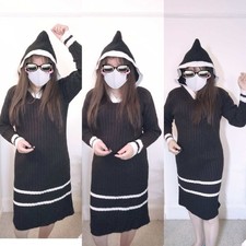 Size 12 plus Lady's Wool Hooded Strip Pattern Long Sweater Dress Color Black