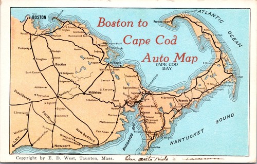Boston to Cape Cod Auto Map 1900s Vintage Cartography - Collotype ...