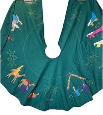 Vintage Embroidered Nativity Scene Christmas Tree Skirt Handmade Appliqu  Green