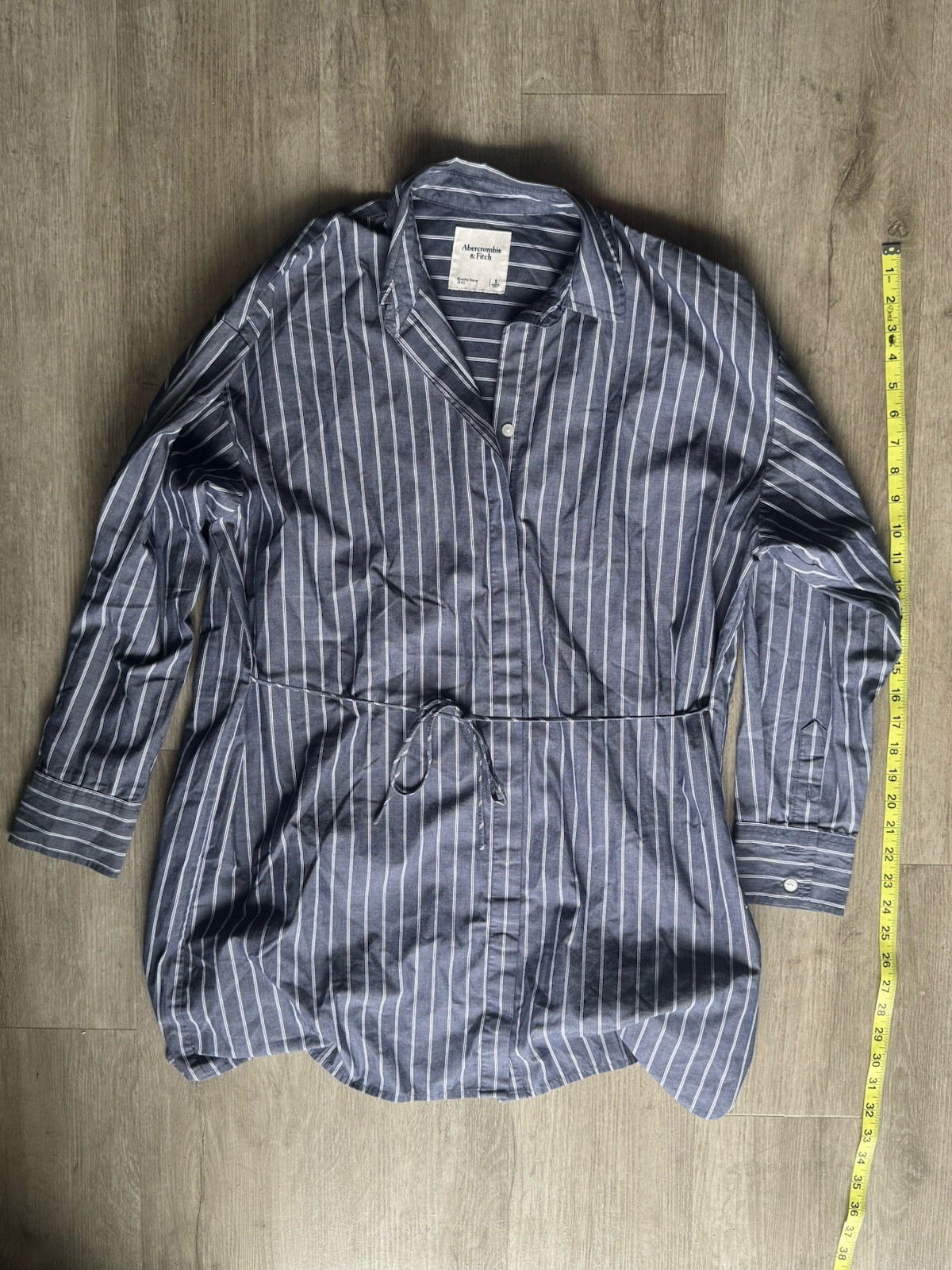 Abercrombie & Fitch Blue White Striped Shirt Dress SMALL Lined Button Tie Waist