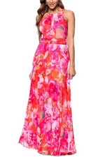 Xscape Womens Printed Pleated Sleeveless Halter-Neck Gown 6 Red/Pink - NWT $249