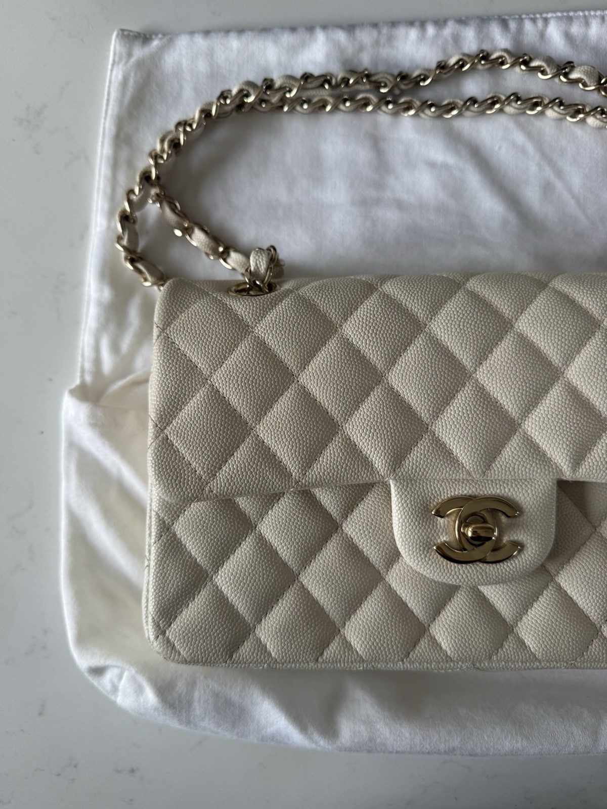 Chanel White Quilted Caviar Leather Medium Classic Double Flap Bag image 6