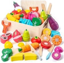 32 Pcs Wooden Play Food Sets for Kids Kitchen Accessories, Montessori Educati...