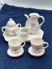 Vtg Miniature Hand Painted Porcelain Dollhouse Size Tea Set Pink Rose Gold 9 Pc