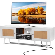 Uimoso Rattan TV Stand for 65" TV Boho TV Stand with Build-in Socket White