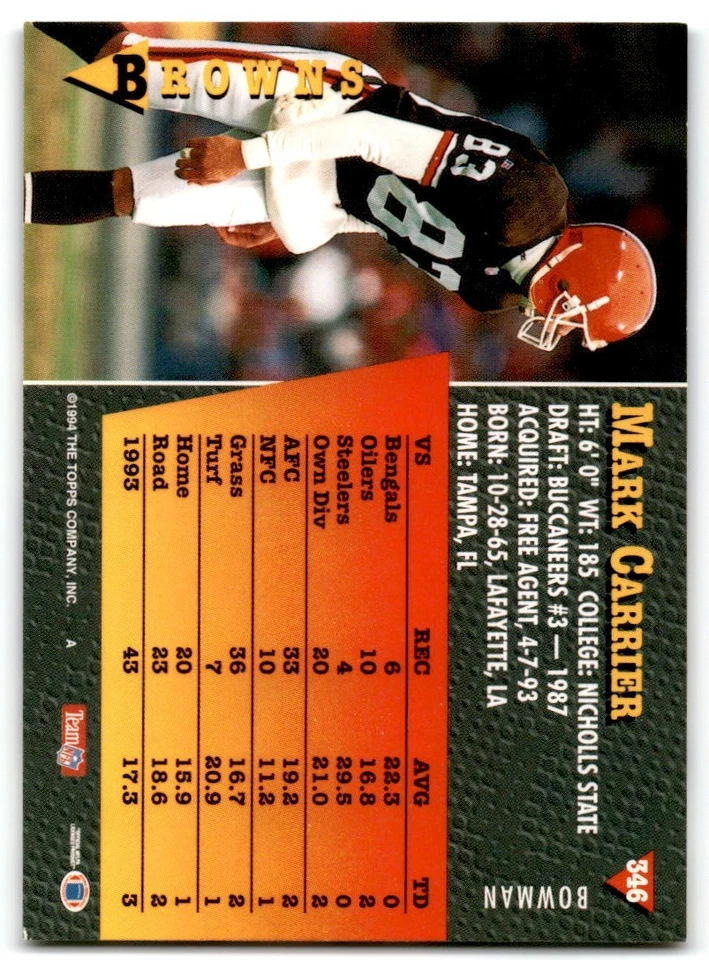 1994 Bowman Mark Carrier Cleveland Browns #346 - Image 2 of 2