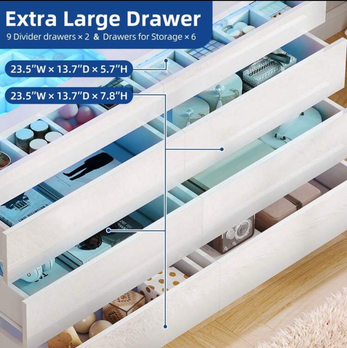 White 8 Drawers LED Chest of Dresser Bedroom High Gloss Storage Vanity Cabinet