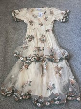 Baltic Born Beige Floral Embroidered Midi Dress Women  s Med Puff Sleeve NWT H