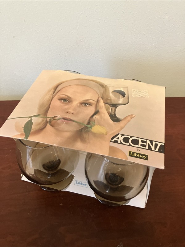 Set Of 4 Vintage Libbey Smoky Brown Tawny Accent Brandy Snifters In Box