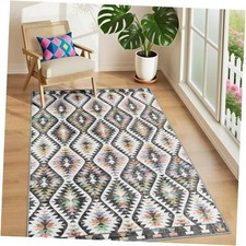 Washable Area Rug 3x5, Modern Moroccan Geometric Trellis Area Rugs, Black