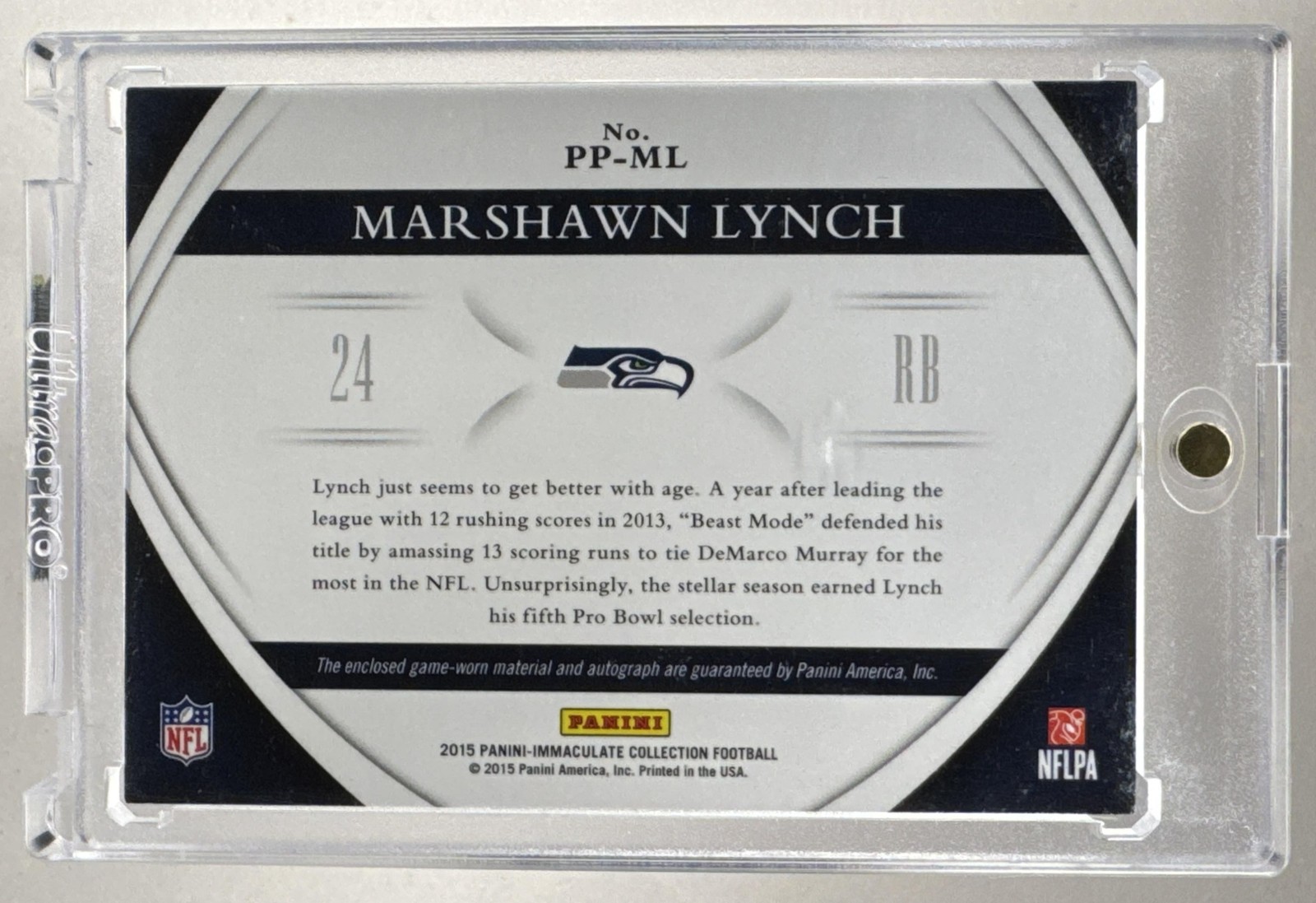Marshawn Lynch 2015 Panini Immaculate #PP-ML Premium Patches Patch Auto /49 view 2