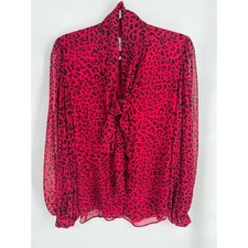 Chico's Red Black Leopard Print Tie Neck Balloon Sleeve Chiffon Blouse Size 1