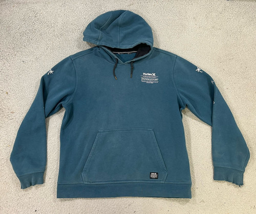 Hurley x Pendleton Hoodie Men’s Large Green Teal Solid Graphic Print Distressed - Picture 1 of 19
