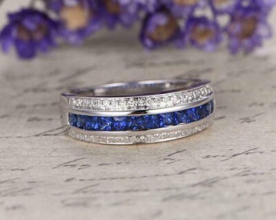 Princess Cut Simulated Blue Sapphire Stunning Band Ring In 14k White Gold Plated