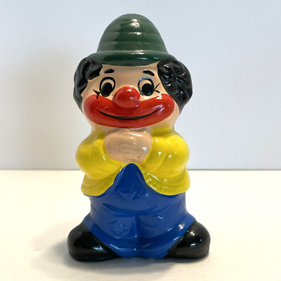 Vintage Smiling Colorful Clown Shaped Piggy Coin Bank with Original Stopper