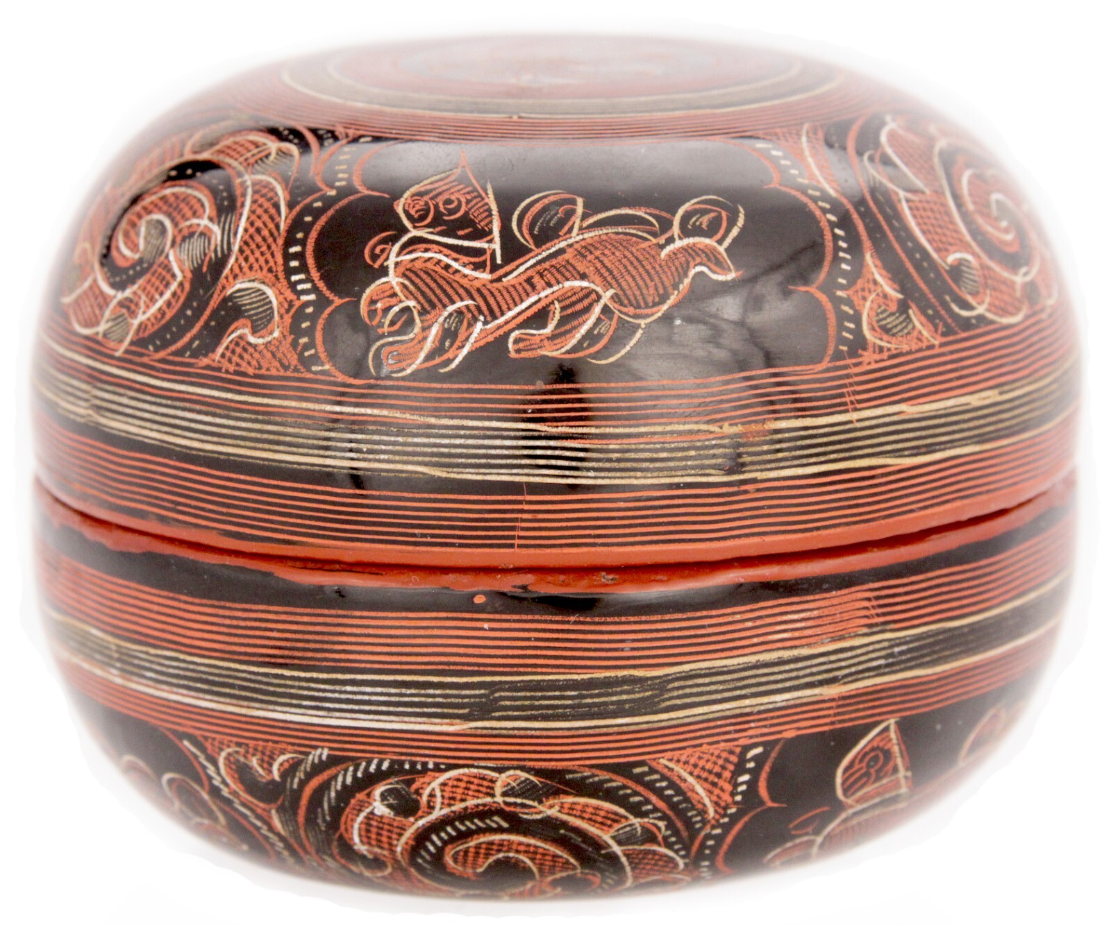 Vintage Burmese Etched Yun Lacquer Round Box Container Burma SE Asian Old