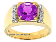 Natural Amethyst  CZ Gemstones with 925 Sterling Silver Gold Plated Ring 0A70