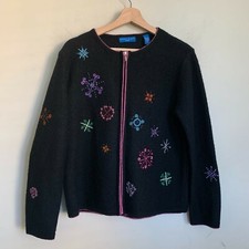 Karen Scott Sport Womens Cardigan Black Sweater Wool Bead Snowflake Button Sz M