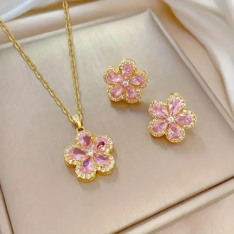 Shiny Pink Stud Earrings with Romantic Clavicle Chain Necklace-image
