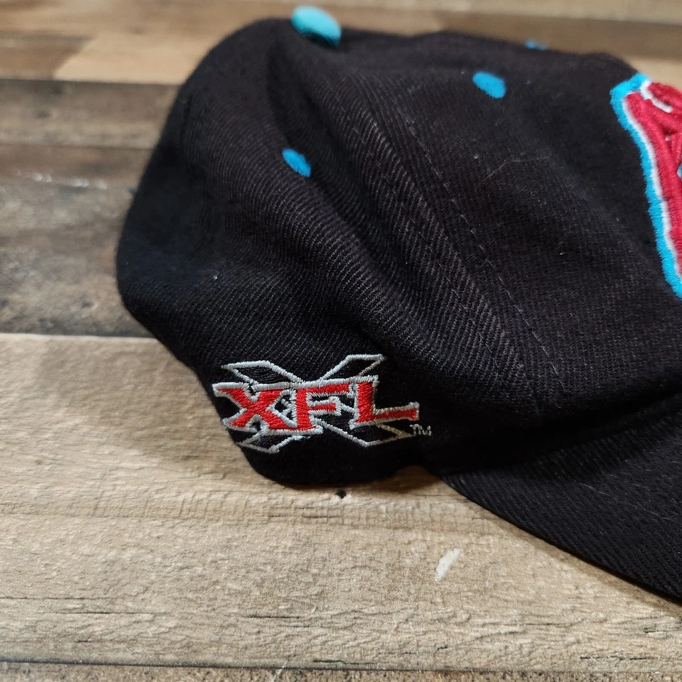 Vintage XFL Hat Maniax Strapback Hat Black Cap Drew Pearson Wool Teal Under Logo - Imagem 3 de 4