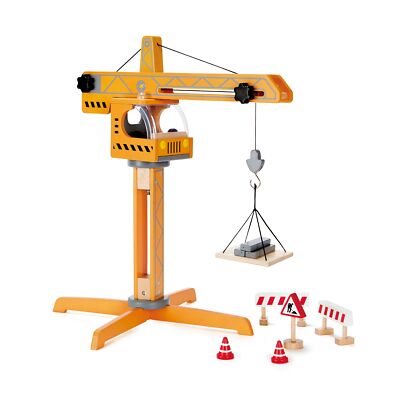 Hape Crane Lift Playset Wooden Toy for Kids 3 Years and Up Yellow Interactive