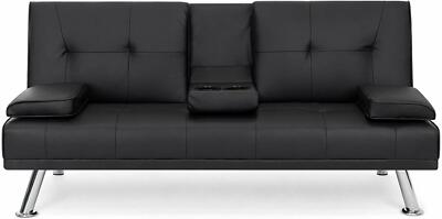 Black Chrome Faux Leather Reclining Couch Futon Sofa Guest Bed Fold Out Arm Rest