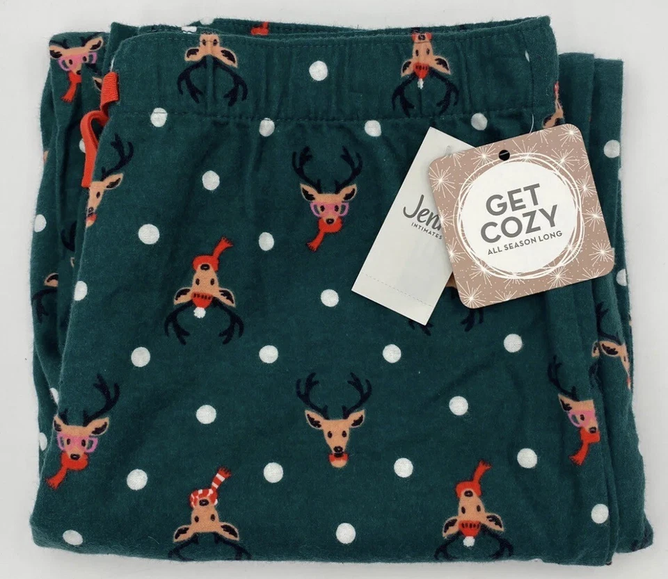 Jenni Women's Reindeer Dot Cotton Flannel Pajama Pants In Green Size Small New - Image 2 of 4