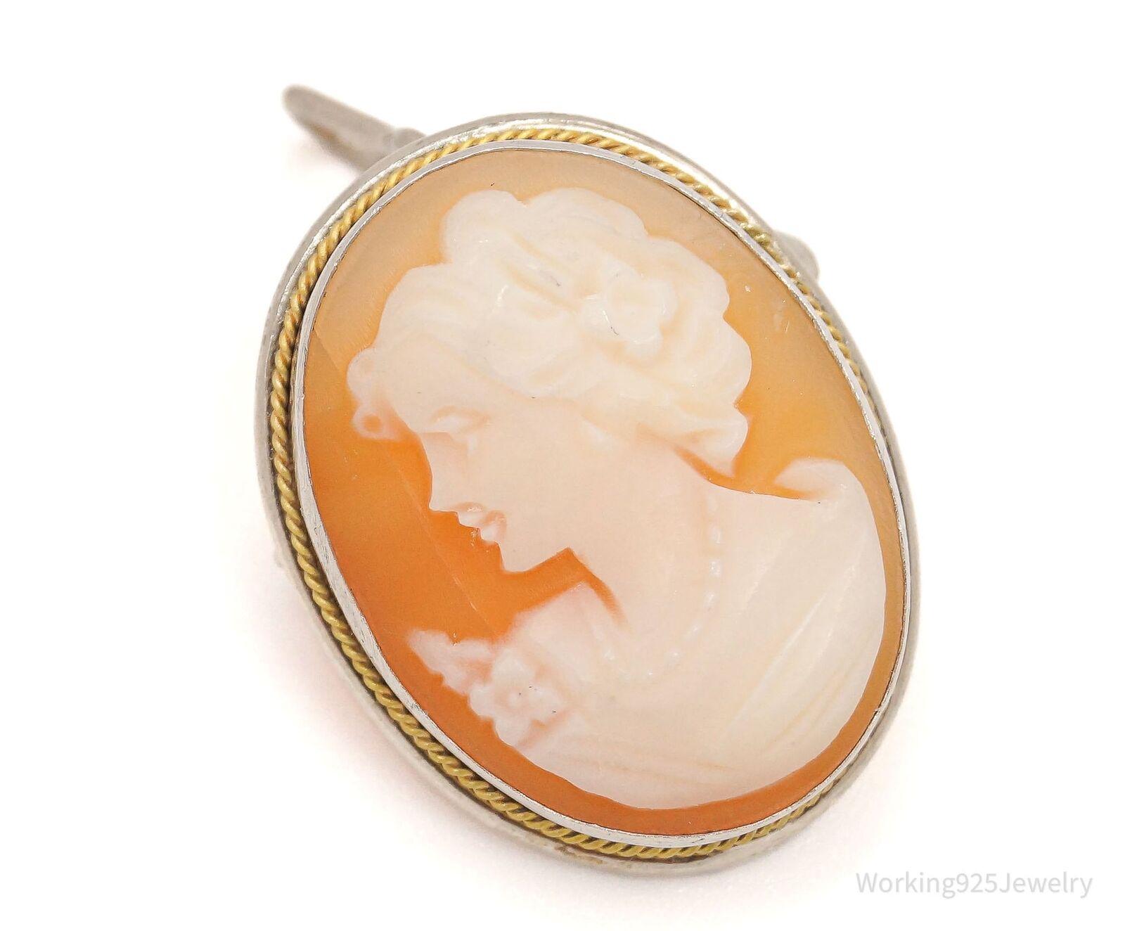 Antique Carved Shell Lady Cameo Brass Silver Pend… - image 2