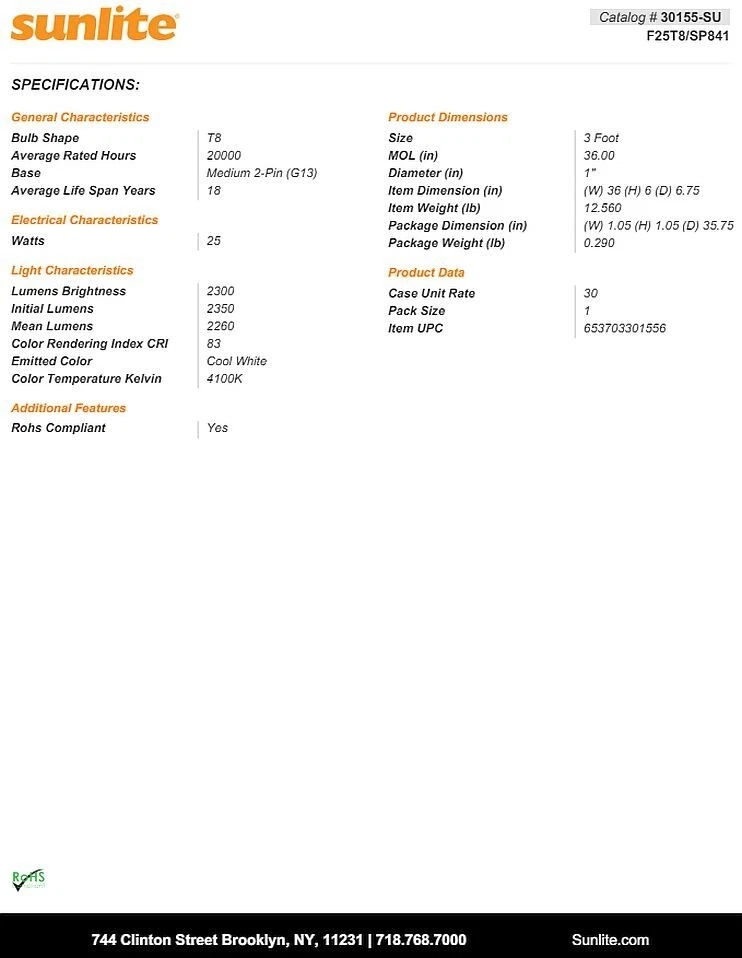 4-Pack SunliteF25T8/SP841 25W 36" T8 Fluorescent Tube 4100K Cool White [485-367] - Image 2 of 4