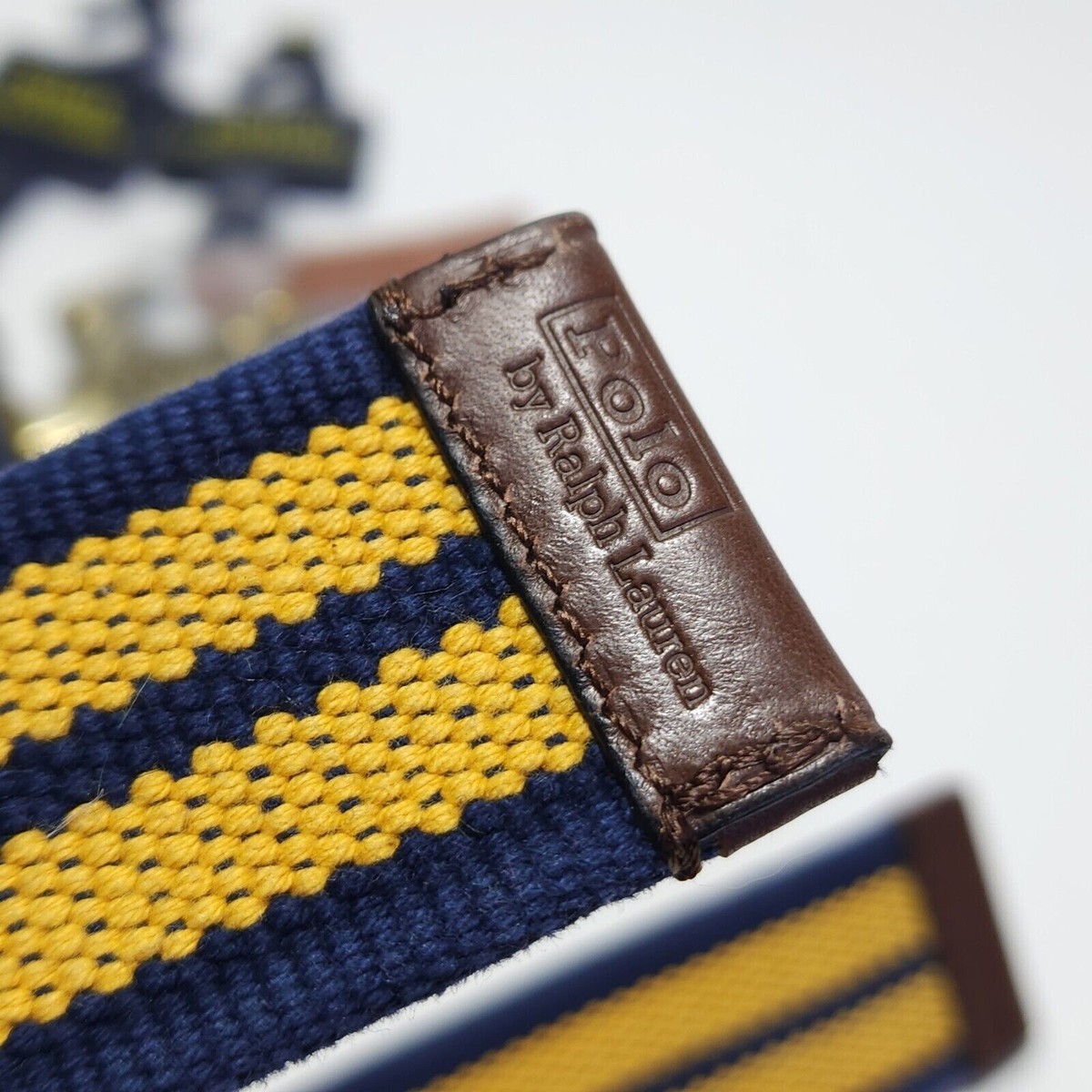 【未使用】Ralph Lauren ベルト made in USA New POLO Ralph Lauren BIG Bear Logo Striped Nickel Buckle