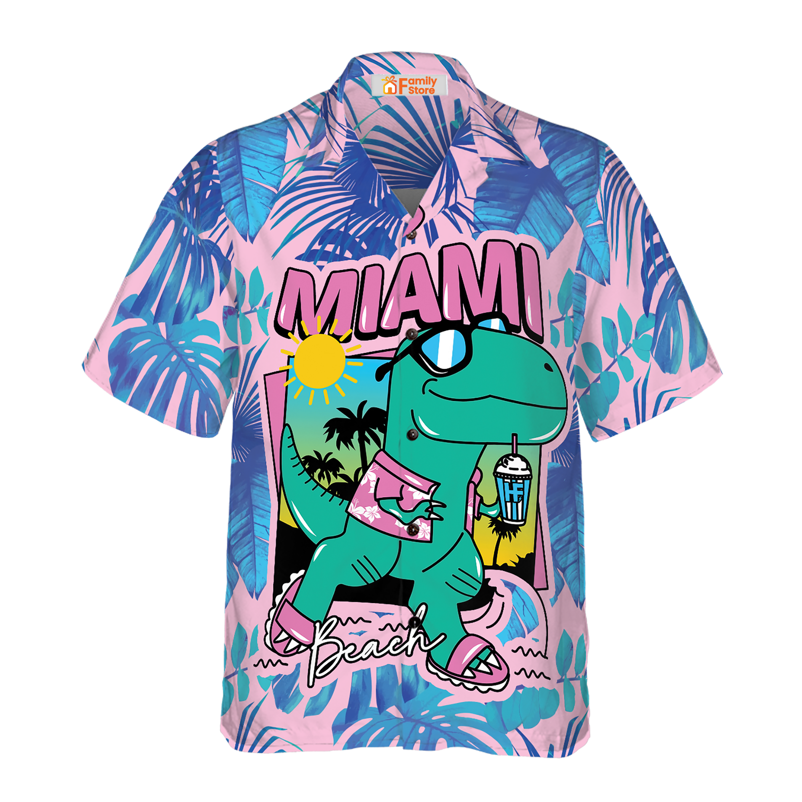 Miami South Beach Tropical Cool T-Rex Dinosaur Hawaiian Shirt for Men in US Size New