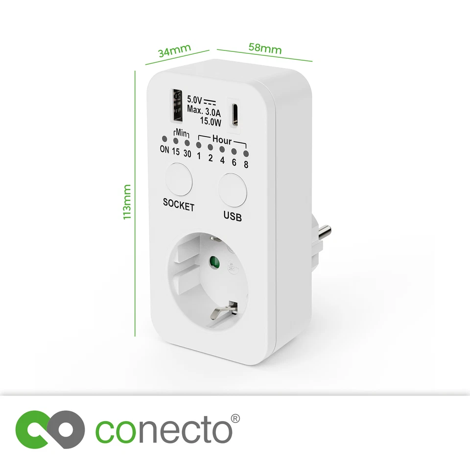 Timersteckdose Countdown Schaltsteckdose mit USB + USB-C Zeitschalter Timer - Bild 2 von 4
