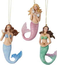 Kurt Adler Pink Blue and Green Mermaids Holiday Ornaments Set of 3 Resin