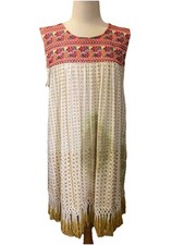 Ivy Jane Embroidered Shift Dress Sleeveless FRINGE Colorful Boho Beach Lrg