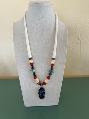 Native American Pueblo Oyster Heishi Shell Bead Necklace & Azurite Pendant WOW!