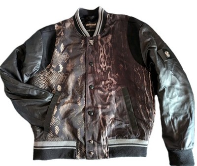 Roberto Cavalli Herren BomberJacke Gr.48 Leder + Wolle Edel Animalprint Limited