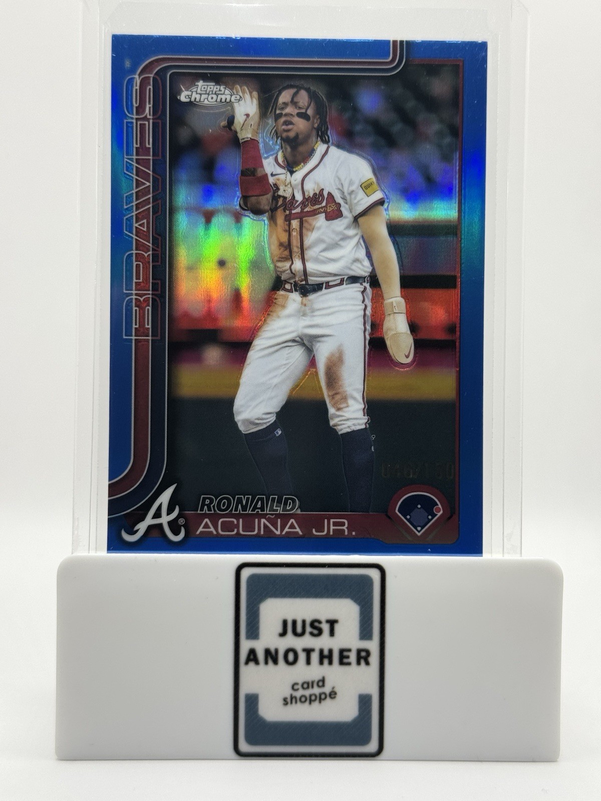 Ronald Acuna Jr. 2025 Topps Chrome Blue Refractor #46/150 Card No. 257