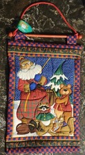 Vintage 1990s Christmas Quilted Wall Hanger Banner Santa w/ Animals 18" x 12"
