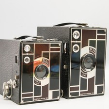 (2) Kodak Beau Brownies | Burgundy & Black | Box Camera, Art Deco, Teague