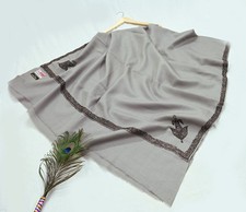 Vintage Gray Wool Shawl Hand-Embroidered Suzani Stole Pure Wool Wrap warm soft