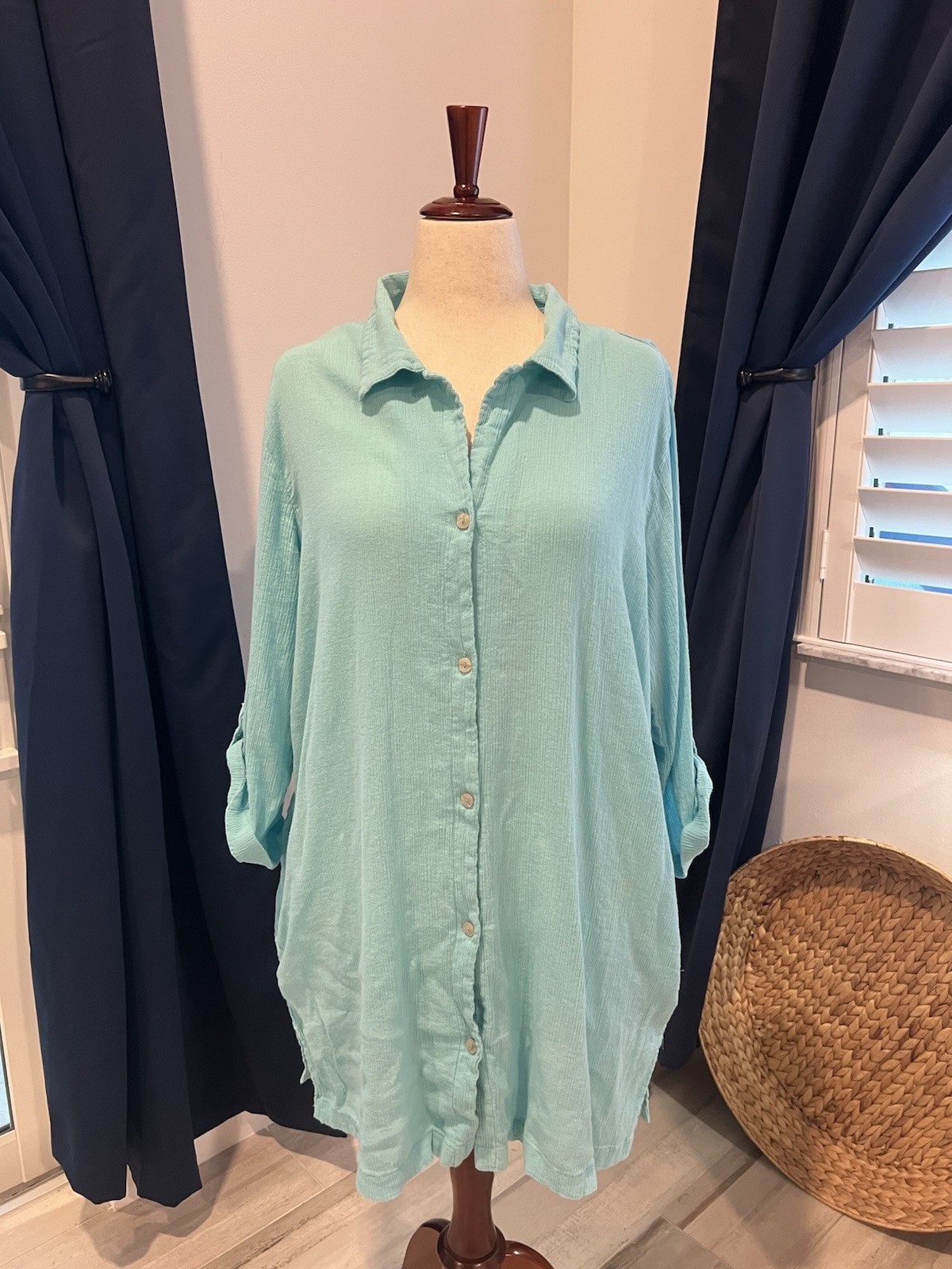 Comfy Gauze Long Shirt XL 100%Cotton- Cover Up- Beach- Pool- Casual- Aqua-Resort